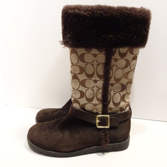 COACH DeeAnn Brown Suede Fur Trimmed Boots Size 8 Monogram Jacquard - Picture 1 of 9
